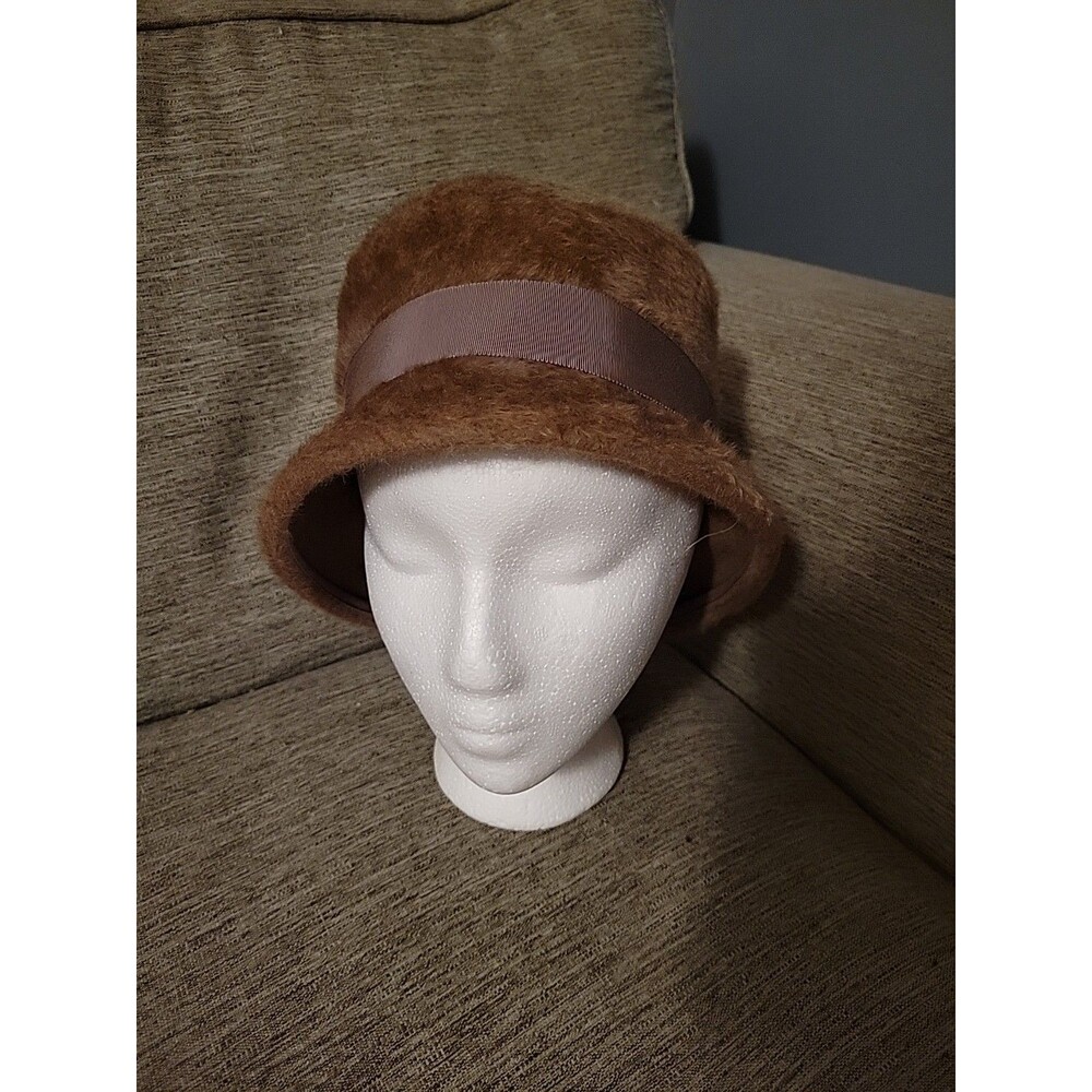 Vtg Cloche Genuine Imported Fur Hat Light Brown Ribbon Mystere